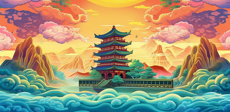 国潮黄色夕阳祥云彩色插画绘画,插画/手绘图,插画/手绘图库,插画/手绘图下载,插画/手绘